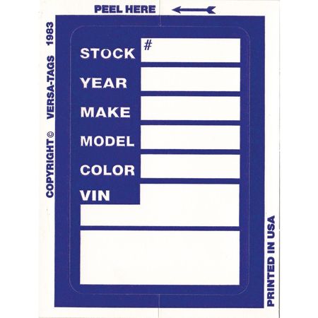 CAR DEALER DEPOT Versa-Tag Kleer-Bak Stock Stickers, 3" X 4", 100 Per Box: Blue Pk 421-BL